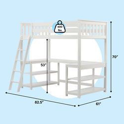 White twin-size loft bed with integrated L-shaped desk, ladder and open storage shelves, 70 in H, 82.5 in L x 61 in W, 53 in clearance, 400 lb capacity, space-saving kids bedroom furniture
