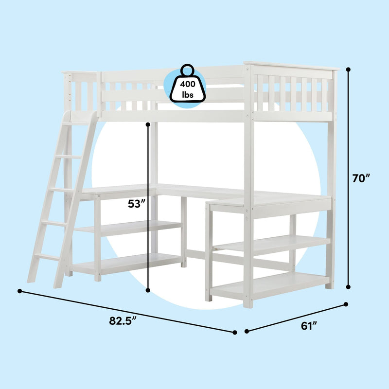 White twin-size loft bed with integrated L-shaped desk, ladder and open storage shelves, 70 in H, 82.5 in L x 61 in W, 53 in clearance, 400 lb capacity, space-saving kids bedroom furniture