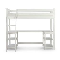 White wooden loft bed with integrated desk and shelves for maximizing space in small bedrooms.