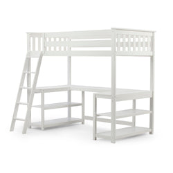 White wooden loft bed with integrated ladder and built-in desk for small spaces.