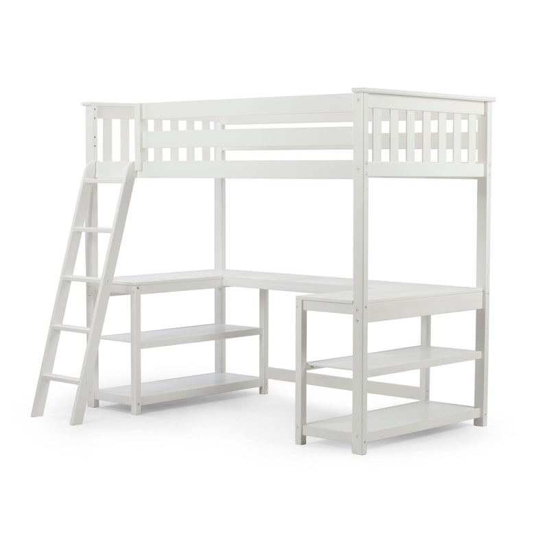 White wooden loft bed with integrated ladder and built-in desk for small spaces.