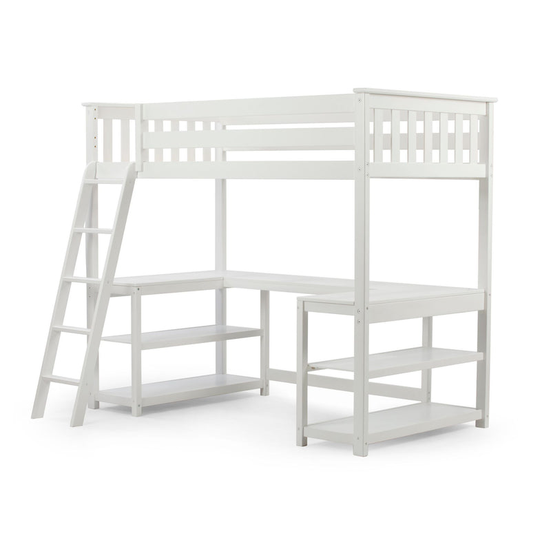 White wooden loft bed with ladder, L-shaped built-in desk and open storage shelves, space-saving kids bedroom furniture