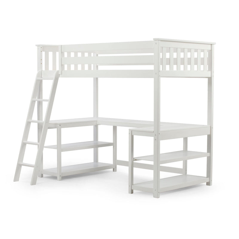 White wooden loft bed with ladder, L-shaped built-in desk and open storage shelves, space-saving kids bedroom furniture