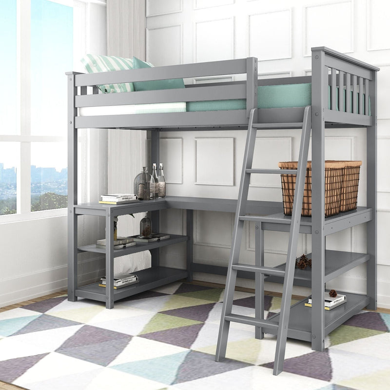 Gray wooden loft bed with built-in desk and ladder in a modern bedroom.