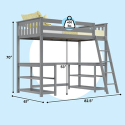 Gray wooden loft bed with angled ladder and built-in shelves, twin loft bed with 53-inch under-bed clearance, 400 lb capacity, 70-inch height, 82.5-inch by 61-inch footprint