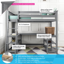 Gray loft bed with desk, built-in shelves, and non-slip ladder, ideal for high ceilings, made from New Zealand pine wood with a sturdy design.
