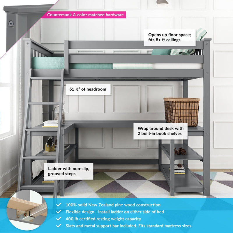 Gray loft bed with desk, built-in shelves, and non-slip ladder, ideal for high ceilings, made from New Zealand pine wood with a sturdy design.
