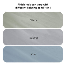 Comparison of warm, neutral, and cool finish looks under different lighting conditions for optimal design selection.