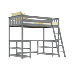 Gray loft bed with integrated desk and ladder, perfect space-saving furniture for kids or teens bedroom.