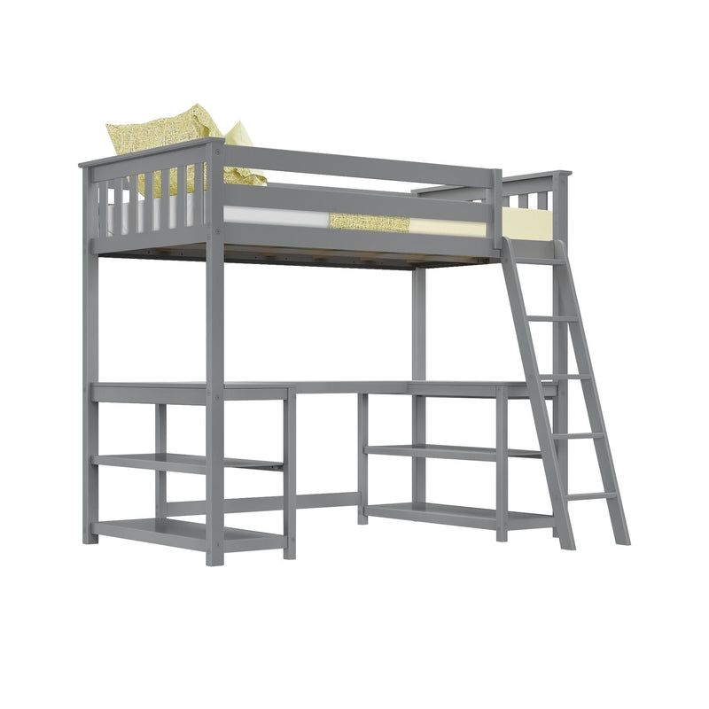 Gray loft bed with integrated desk and ladder, perfect space-saving furniture for kids or teens bedroom.