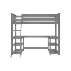 Gray loft bed with ladder and integrated desk space for small bedroom solutions.