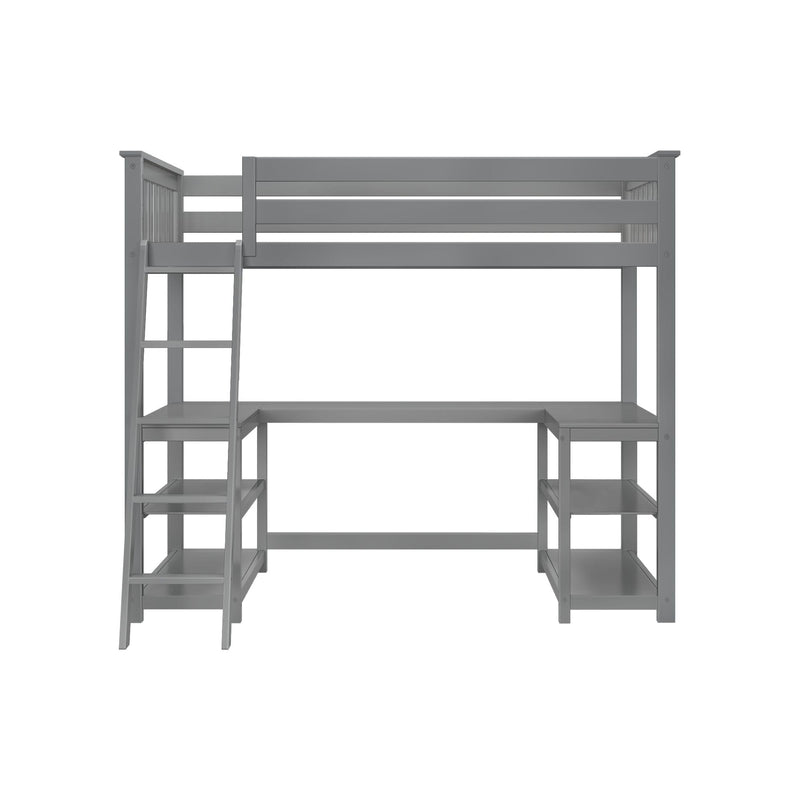 Gray loft bed with ladder and integrated desk space for small bedroom solutions.