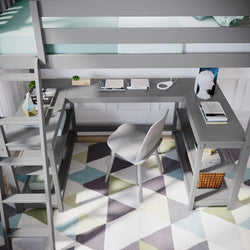 Gray loft bed with built-in desk and shelves, featuring a modern chair on a geometric patterned rug, ideal for optimizing small bedroom spaces.