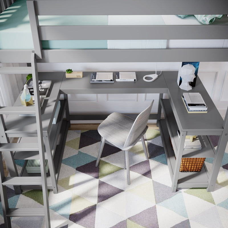 Gray loft bed with built-in desk and shelves, featuring a modern chair on a geometric patterned rug, ideal for optimizing small bedroom spaces.
