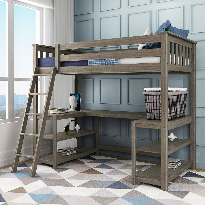 Gray wood loft bed with ladder, built-in desk and shelves — space-saving kids' loft bed with wire laundry basket, blue paneled wall and geometric area rug