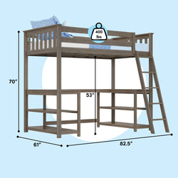 Twin gray wood loft bed with angled ladder and built-in open shelving, 70″ H x 61″ W x 82.5″ L, 53″ under-bed clearance and 400 lb weight capacity — space-saving loft bed for kids, teens, or small bedrooms