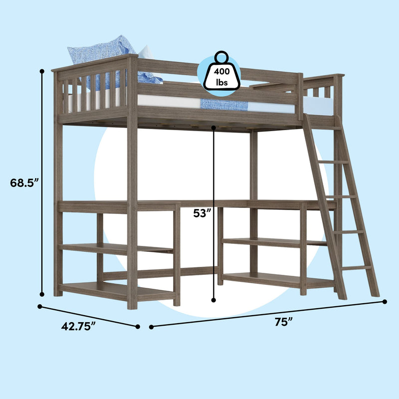 Twin wooden loft bed with ladder and built-in storage shelves, space-saving twin loft bunk design with 400 lb weight capacity, dimensions 75 in L x 42.75 in W x 68.5 in H