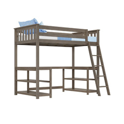Wooden loft bed with ladder and integrated desk, ideal for space-saving solutions in small bedrooms.