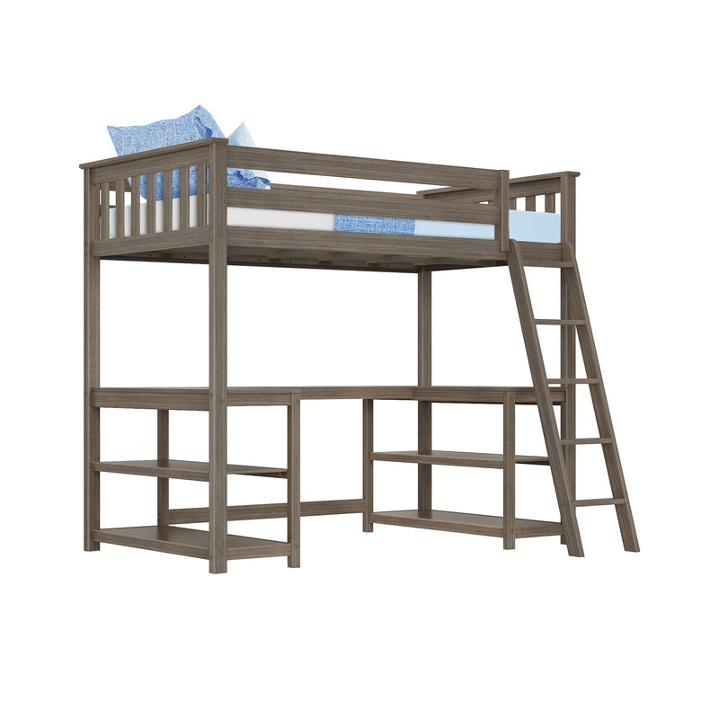 Gray oak wooden twin loft bed with safety rails, ladder and open shelving storage underneath, styled with blue pillows and mattress