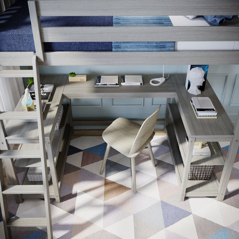 Modern light-wood loft bed with integrated desk and ladder, study nook with chair, lamp, books and geometric rug