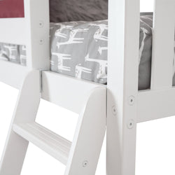 White bunk bed ladder with gray giraffe-themed bedding.