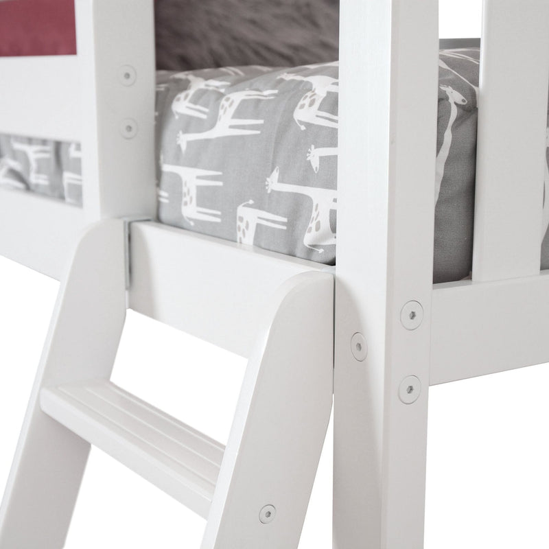 Close-up of white wooden loft bed ladder and frame with gray giraffe-print fitted sheet on kids mattress, nursery bedroom furniture
