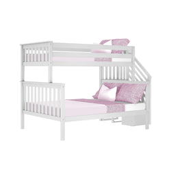 White wooden twin-over-full bunk bed with side stairs, slatted guardrails and pink bedding, modern kids' bedroom furniture