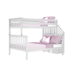 White wooden twin-over-full bunk bed with side stairs, slatted guardrails and pink bedding, modern kids' bedroom furniture
