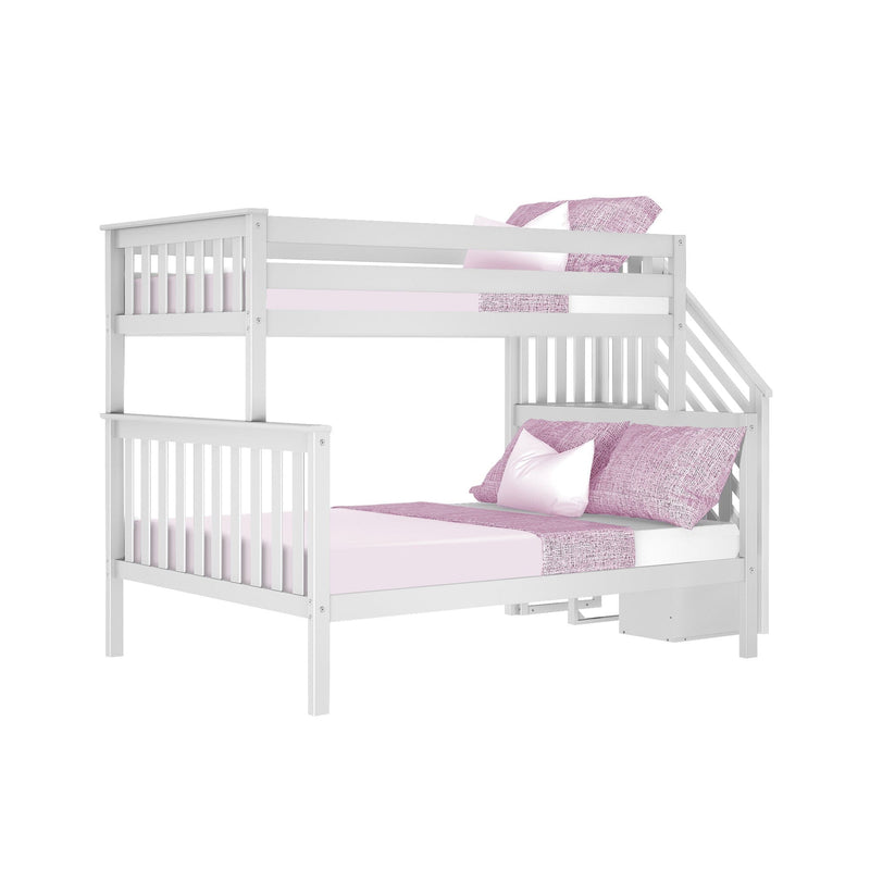 White wooden twin-over-full bunk bed with side stairs, slatted guardrails and pink bedding, modern kids' bedroom furniture