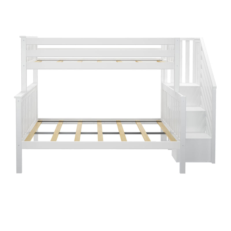 White wooden bunk bed with built-in staircase and slatted mattress platforms, space-saving kids loft bed for small bedrooms