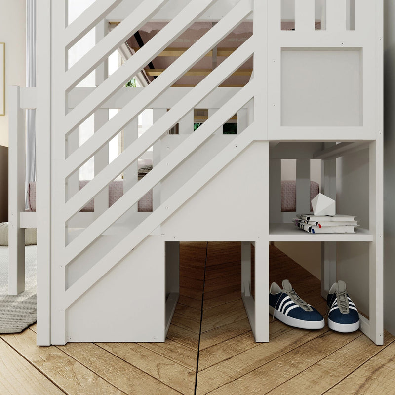 White wooden loft bunk bed with diagonal slatted railing and built-in storage cubbies holding magazines and navy sneakers, modern kids bedroom decor