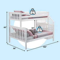 White wooden twin-over-full bunk bed with right-side stairs, 100" L x 56" W x 65" H, 30" lower bunk clearance, 400 lb weight capacity per bed, shown with pink and gray bedding
