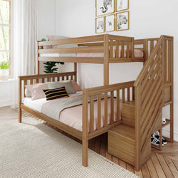 Wooden twin-over-full bunk bed with storage staircase and natural wood finish in modern kids' bedroom with pink bedding