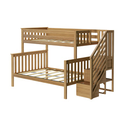 Light natural wood twin-over-full bunk bed with staircase and built-in storage, slatted guardrails and wooden slat supports