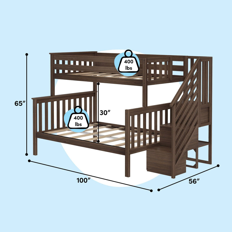 Twin-over-full wooden bunk bed with staircase storage, dark brown finish, 100 in L x 56 in W x 65 in H, 30 in clearance between beds, 400 lb weight capacity per bed