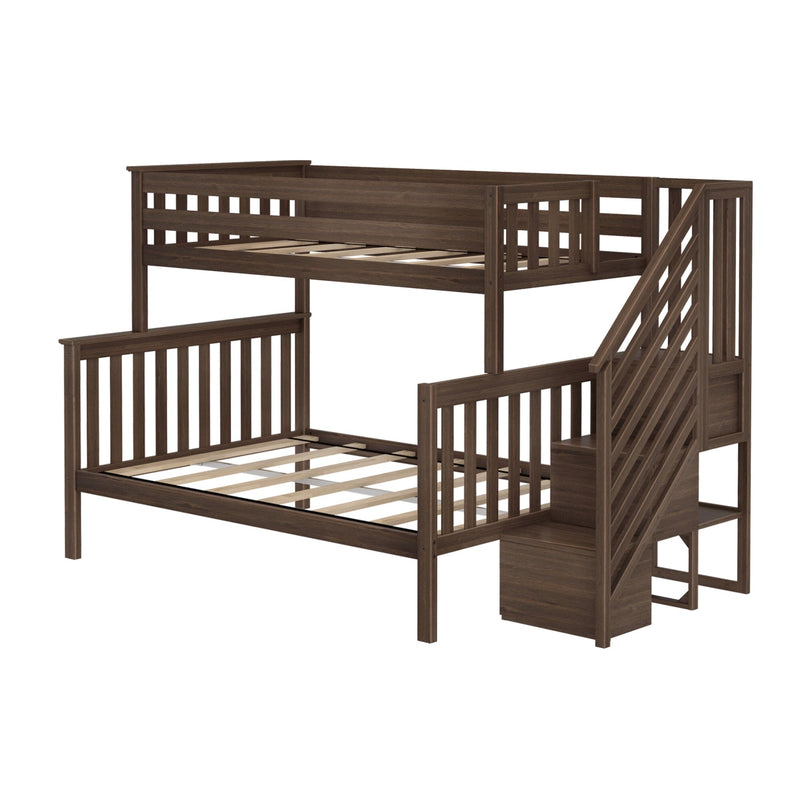 Dark walnut wooden twin-over-full bunk bed with built-in staircase and storage, slatted headboards and footboards, space-saving kids bedroom furniture