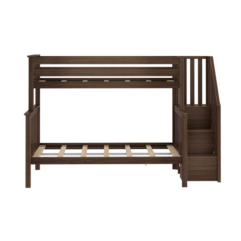 Dark walnut twin-over-twin wooden loft bunk bed frame with slatted platform, built-in staircase storage and guardrail — modern kids' bedroom furniture