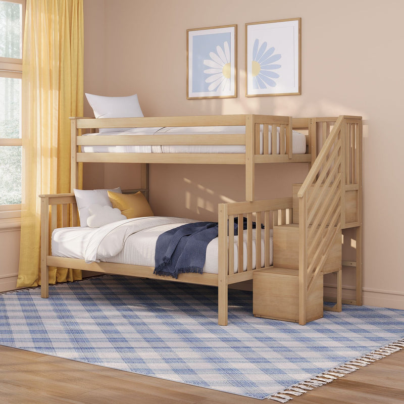 Natural wood twin-over-twin bunk bed with staircase in a neutral children's bedroom featuring yellow curtains, blue plaid rug and daisy wall art