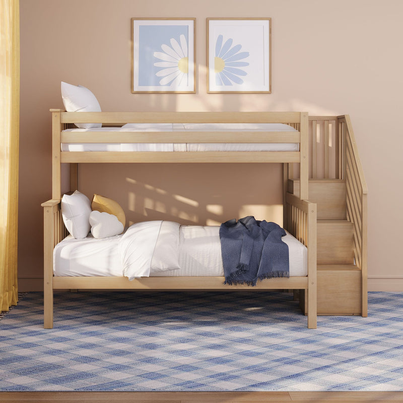 Natural wood bunk bed with stairs in a modern kids bedroom, neutral beige walls, white bedding, blue plaid rug and framed daisy wall art