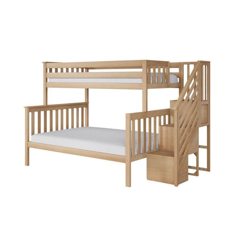 Twin-over-full wooden bunk bed in light oak finish with built-in staircase and under-stair storage, slatted guardrails and white mattresses