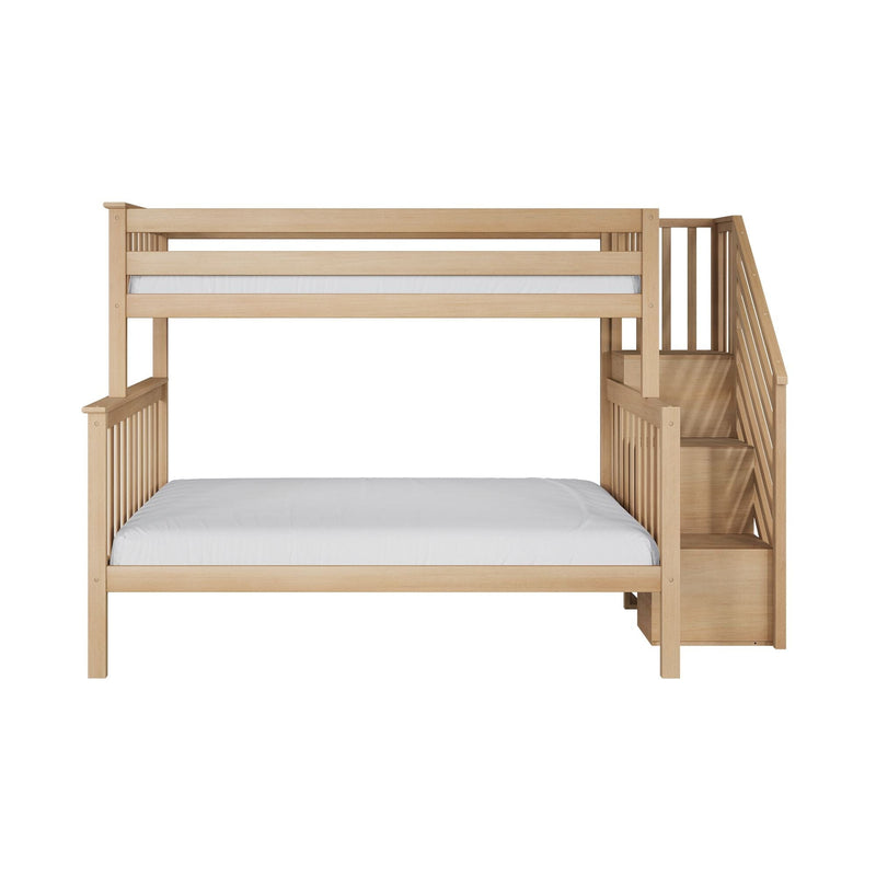 Light natural wood loft bunk bed with side staircase and guardrails, twin-over-full layout, white mattress, modern minimalist design
