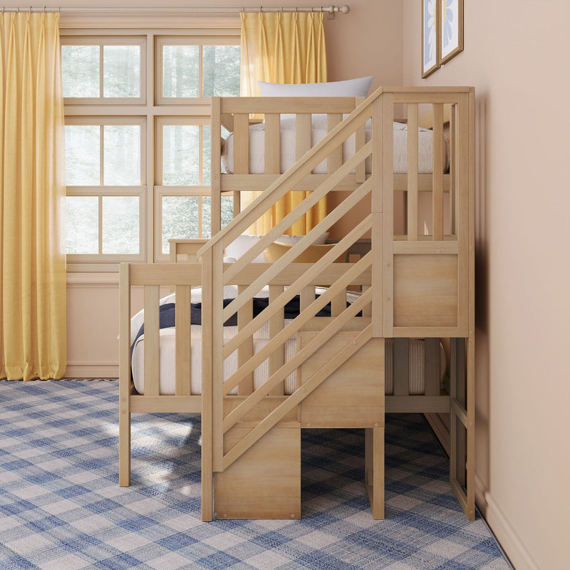 Light wood bunk bed with stairs in kids' bedroom, yellow curtains, large windows, and blue plaid carpet