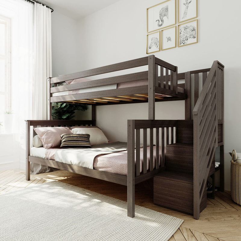 Dark walnut wooden twin-over-full bunk bed with built-in staircase storage in bright modern children's bedroom with neutral pink bedding, animal wall art and hardwood floors