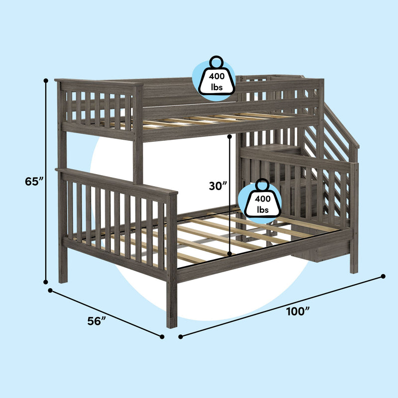 Weathered gray wooden twin-over-full bunk bed with stair steps and guardrails, slatted mattress support, 400 lb weight capacity per bed, 100" L x 56" W footprint and 65" H