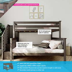 Dark brown twin-over-full bunk bed with staircase storage, solid New Zealand pine frame, 400 lb support bar, plywood slats, reversible stairs in modern kids' bedroom