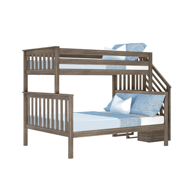 Solid wood twin-over-full bunk bed with built-in staircase, slatted guardrails and weathered gray oak finish, styled with blue pillows and bedding for kids' bedroom