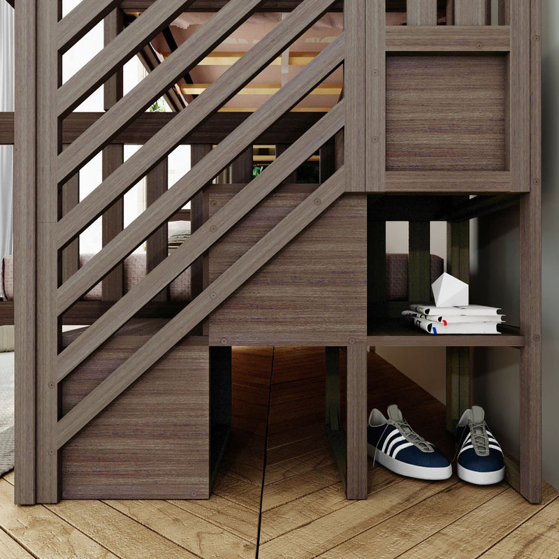 Modern wooden loft-style bunk bed with diagonal slatted railing, built-in storage cubbies holding books and geometric decor, navy sneakers on parquet floor