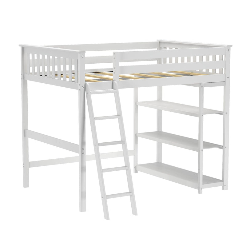 White wooden loft bed with ladder and built-in shelves, guardrails and slatted mattress support — space-saving elevated platform bed frame for kids' bedroom