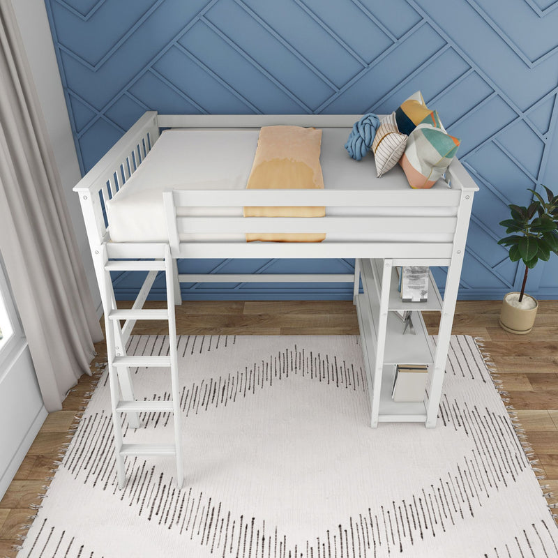 White kids loft bed with ladder and built-in storage shelves against blue geometric accent wall, decorative pillows and rug