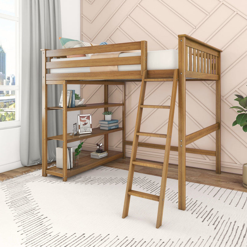 Wooden loft bed with ladder and built-in shelves in a modern kids' bedroom with pink geometric accent wall, decorative pillows, books and indoor plants by a city-view window
